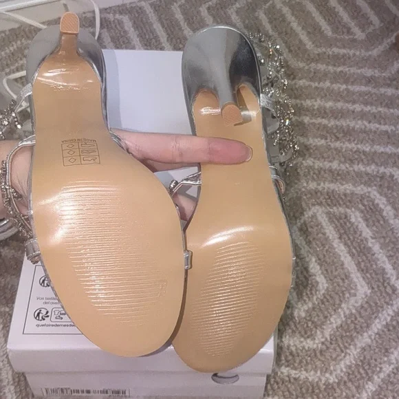 Silver Rhinestone Snake Wrap Peep Toe Stiletto Heels - Picture 5 of 9